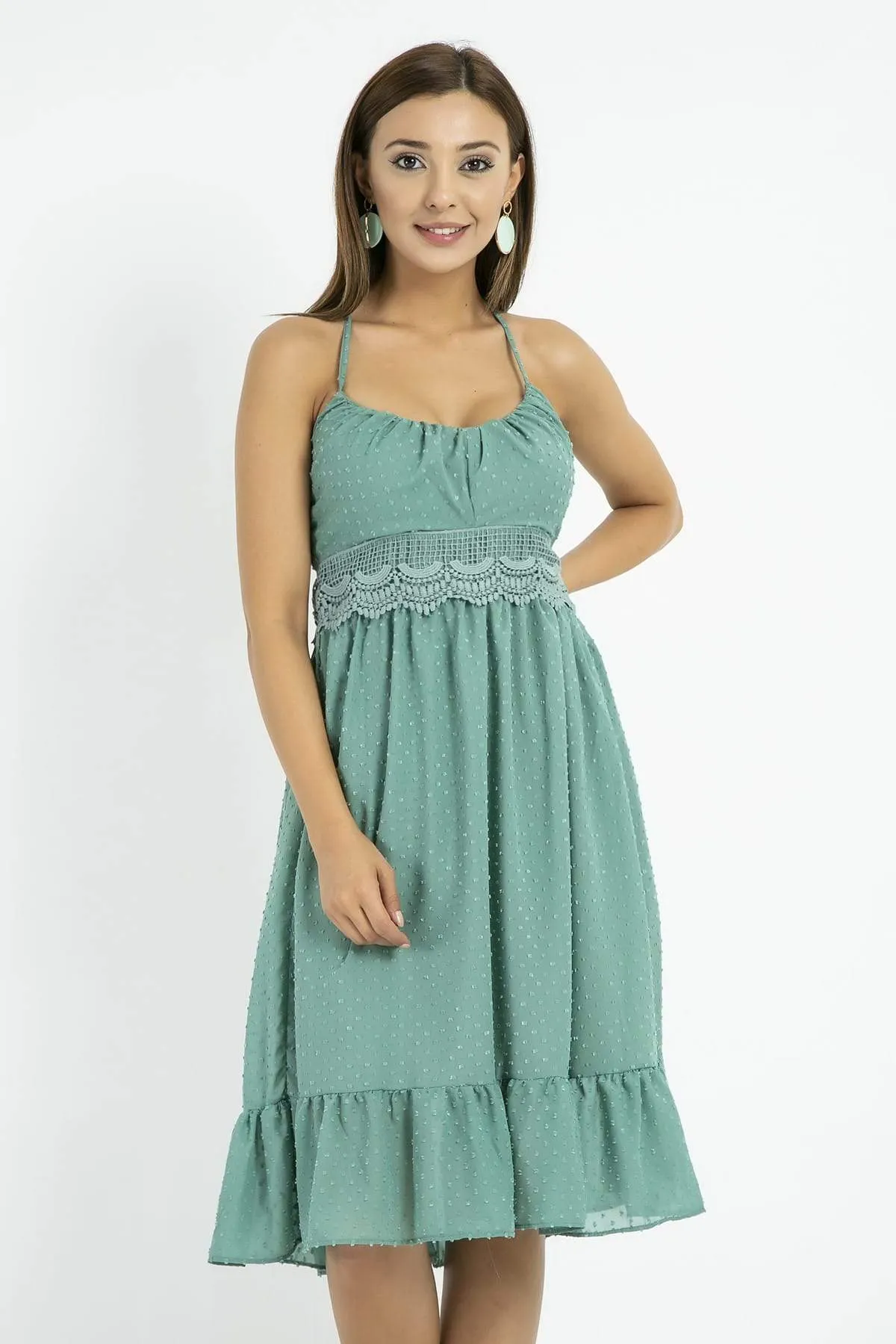 13142 Green Lace Waistband Strap Dress