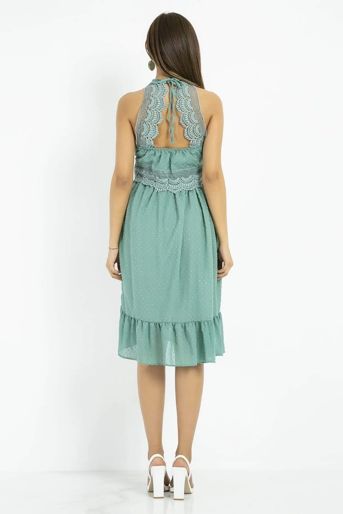 13142 Green Lace Waistband Strap Dress