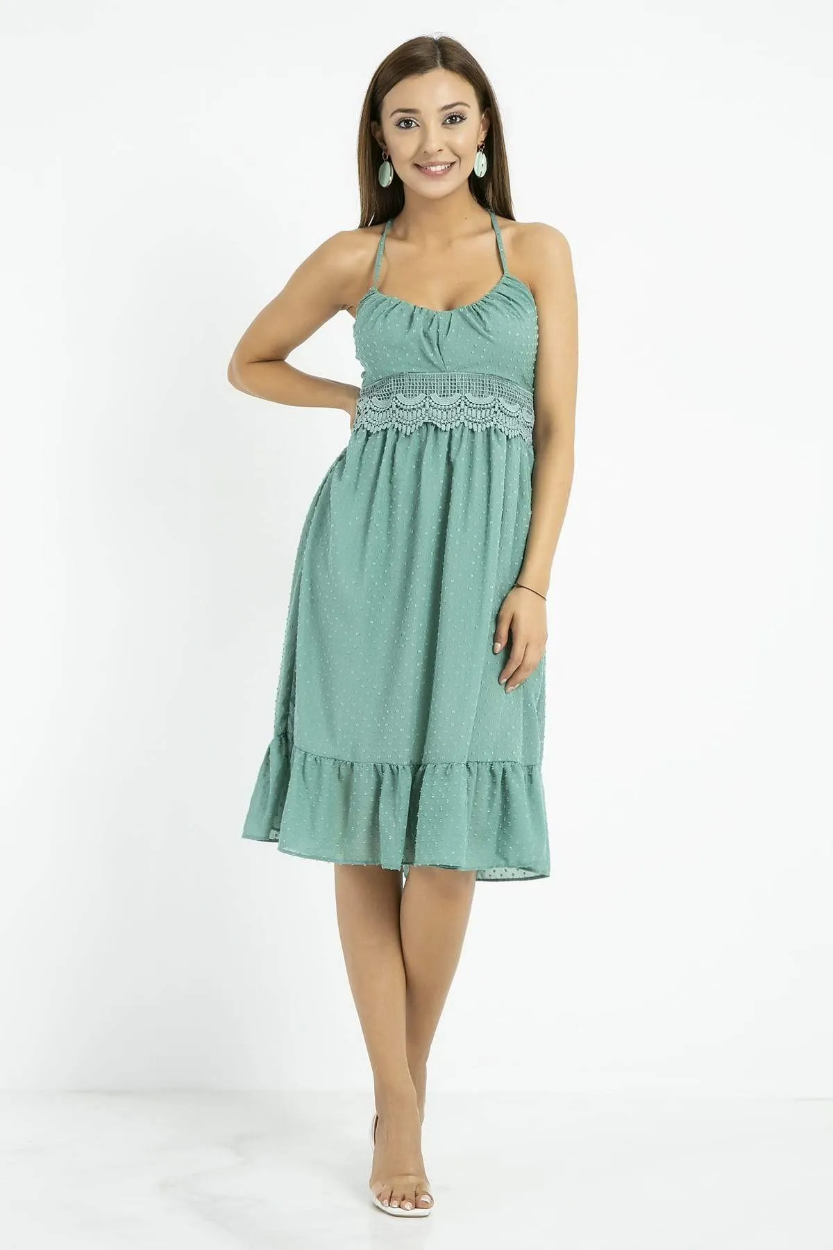 13142 Green Lace Waistband Strap Dress