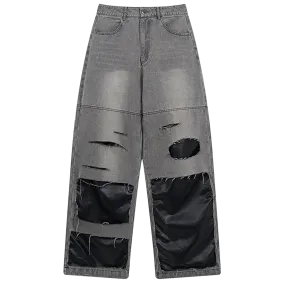 'Asphalt' Leather-Accent Denim Jeans
