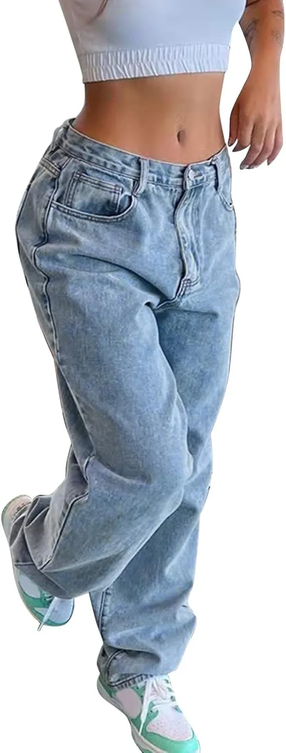 Baggy Jeans for Women Casual Loose Solid Button High Waisted Trendy Stretchy Wide Leg Denim Pants with Pockets
