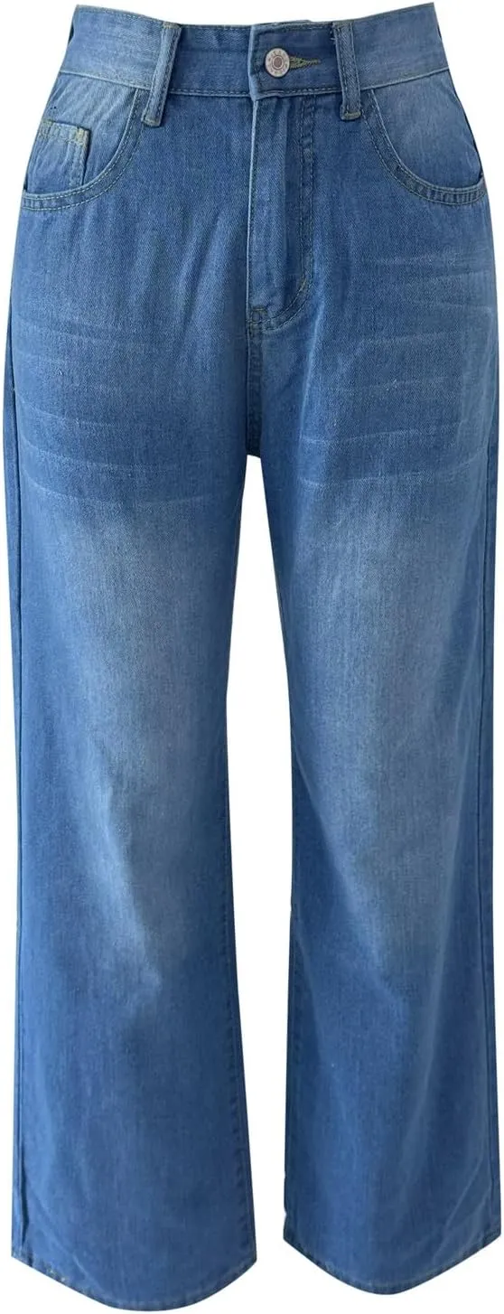 Baggy Jeans for Women Casual Loose Solid Button High Waisted Trendy Stretchy Wide Leg Denim Pants with Pockets