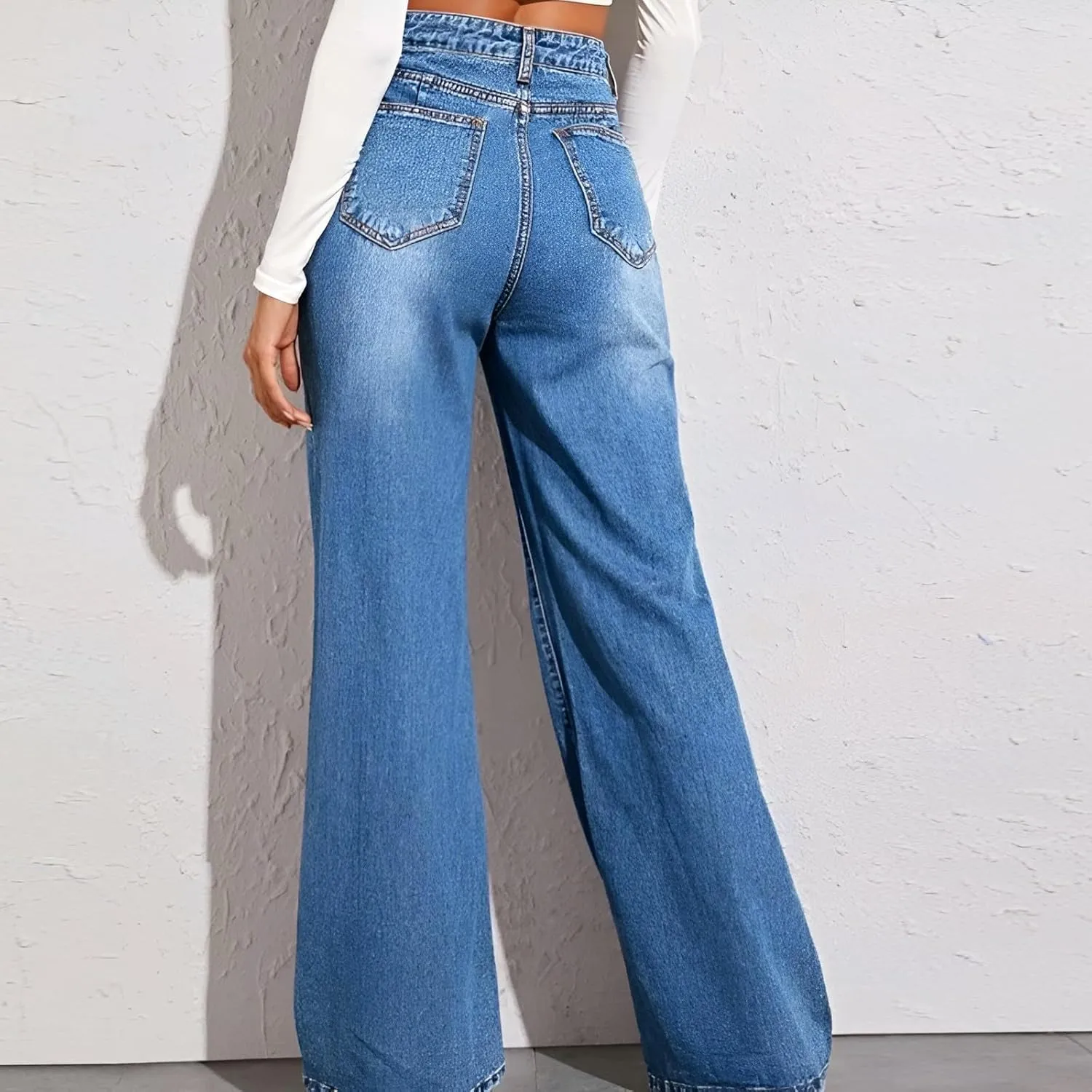 Baggy Jeans for Women Casual Loose Solid Button High Waisted Trendy Stretchy Wide Leg Denim Pants with Pockets