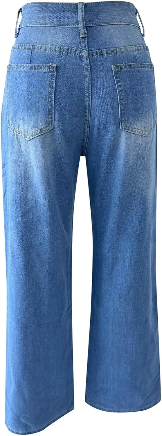 Baggy Jeans for Women Casual Loose Solid Button High Waisted Trendy Stretchy Wide Leg Denim Pants with Pockets