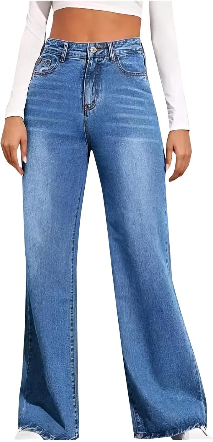 Baggy Jeans for Women Casual Loose Solid Button High Waisted Trendy Stretchy Wide Leg Denim Pants with Pockets