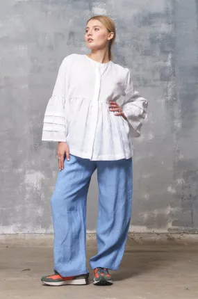 Blue Linen Elastic Waist Pants