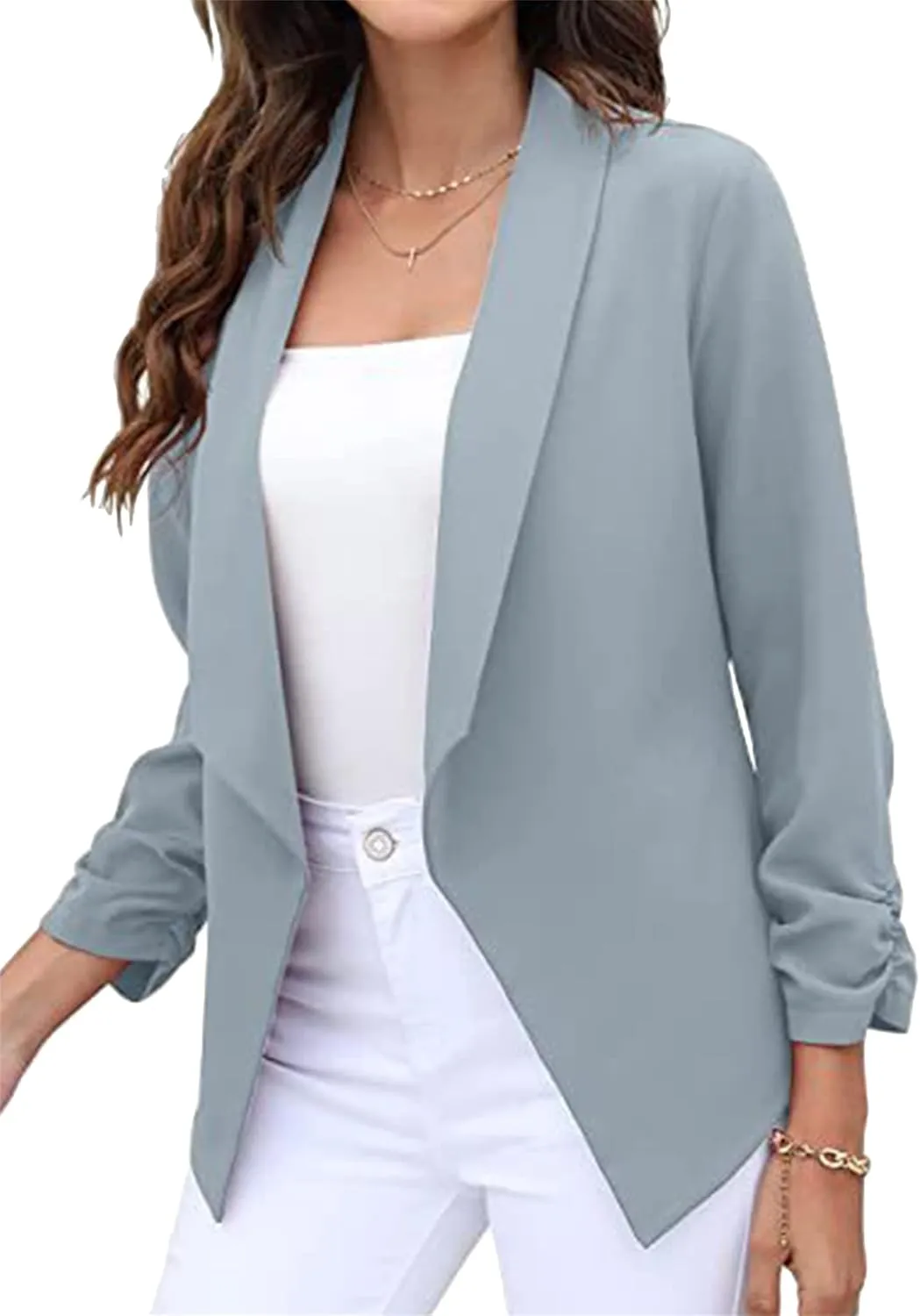 BOFETA Women's Blazer Open Front Cardigan 3/4 Sleeve Fitted Jacket Casual Office Cropped Blazer