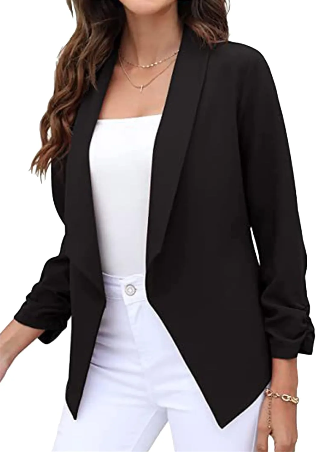 BOFETA Women's Blazer Open Front Cardigan 3/4 Sleeve Fitted Jacket Casual Office Cropped Blazer