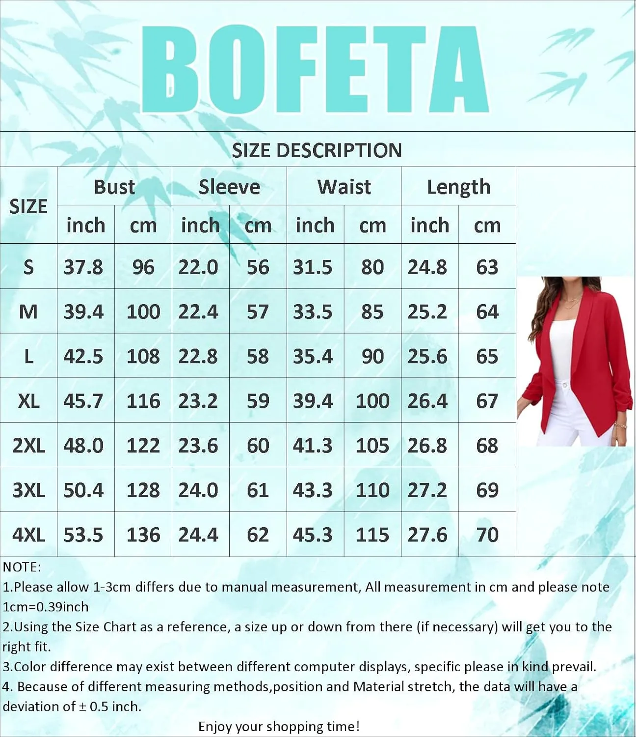 BOFETA Women's Blazer Open Front Cardigan 3/4 Sleeve Fitted Jacket Casual Office Cropped Blazer