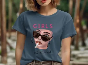 Bold Feminist Graphic T-Shirt, Girls Rule the World Pink Text, Modern Fashion Tee