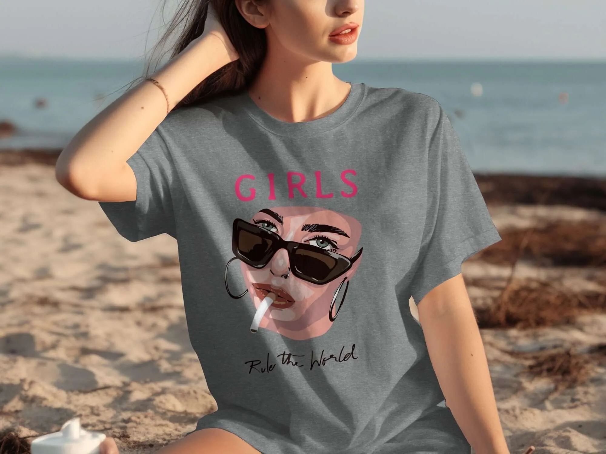 Bold Feminist Graphic T-Shirt, Girls Rule the World Pink Text, Modern Fashion Tee