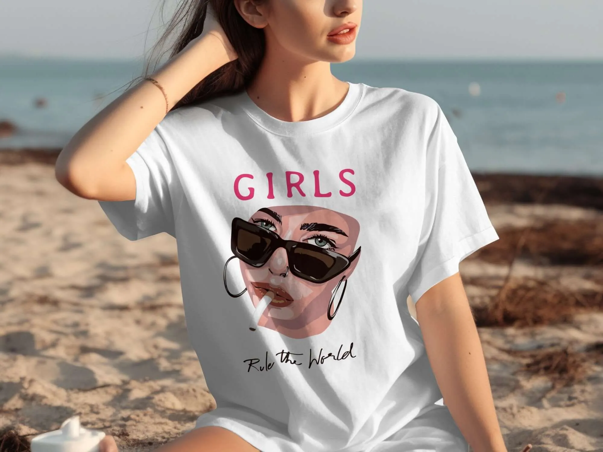 Bold Feminist Graphic T-Shirt, Girls Rule the World Pink Text, Modern Fashion Tee