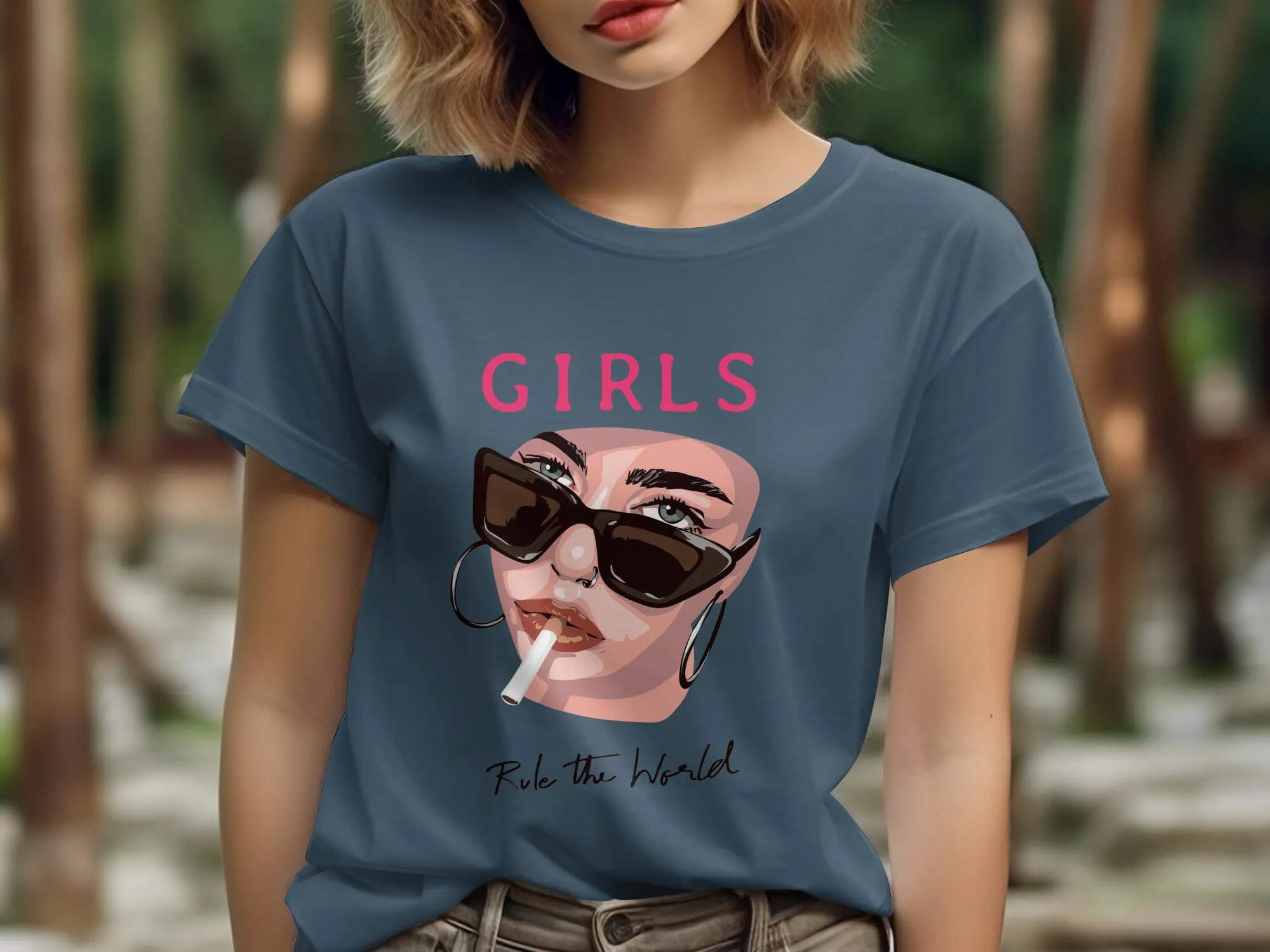 Bold Feminist Graphic T-Shirt, Girls Rule the World Pink Text, Modern Fashion Tee