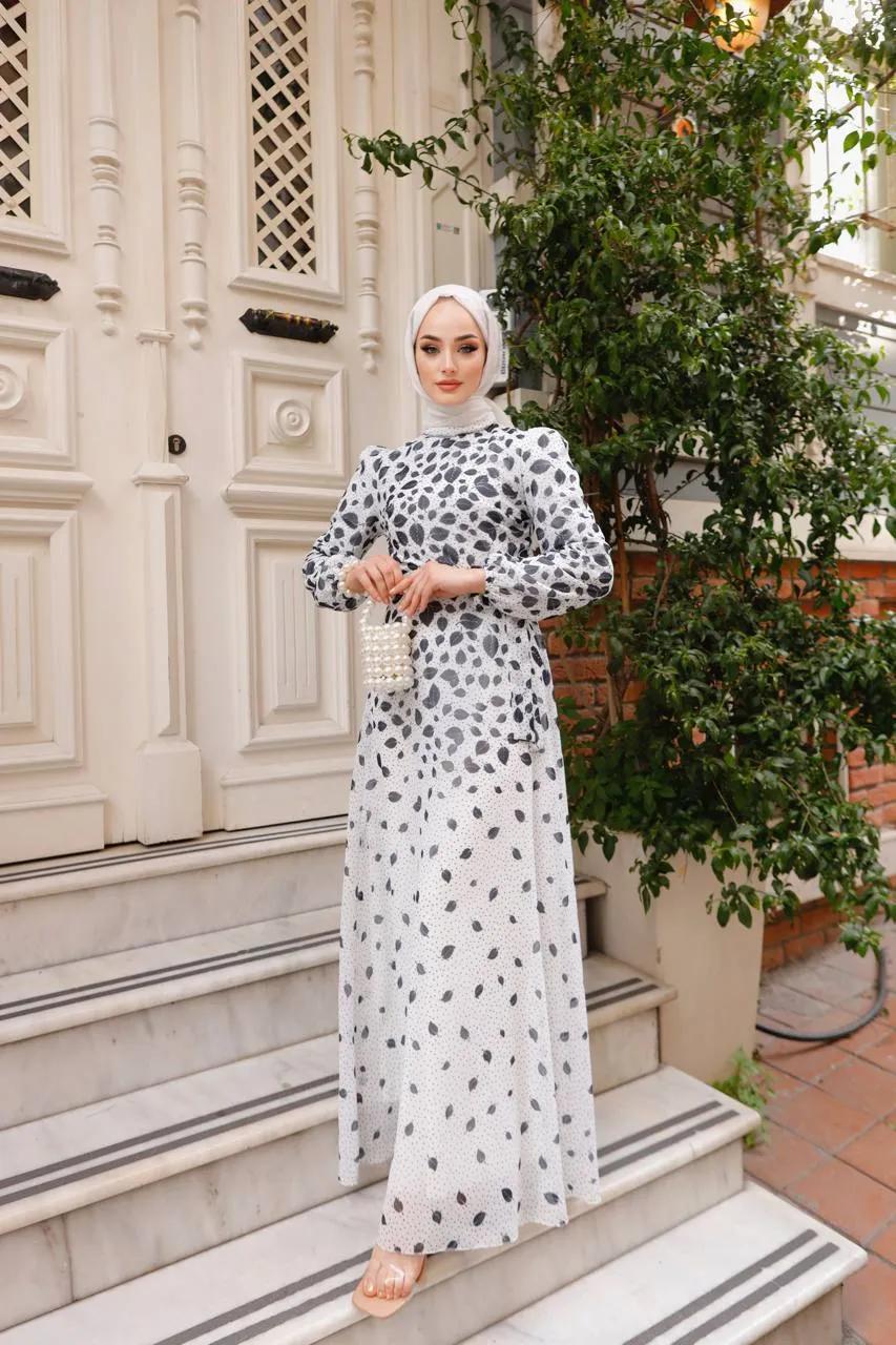 DMN Chiffon Dotted Leaf Patterned Maxi Dress