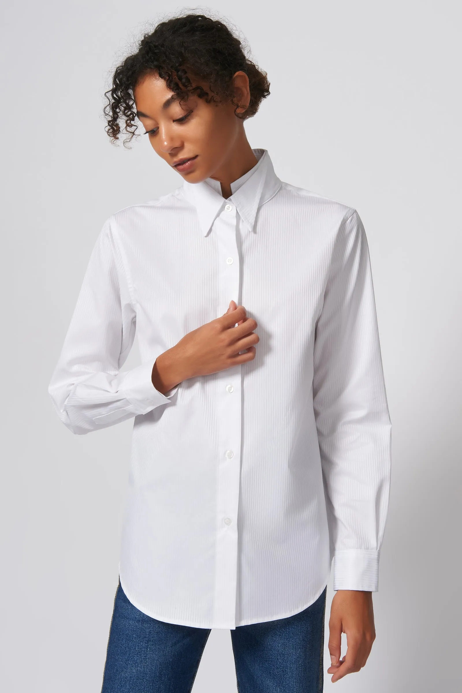 Double Collar Shirt - White Satin Stripe