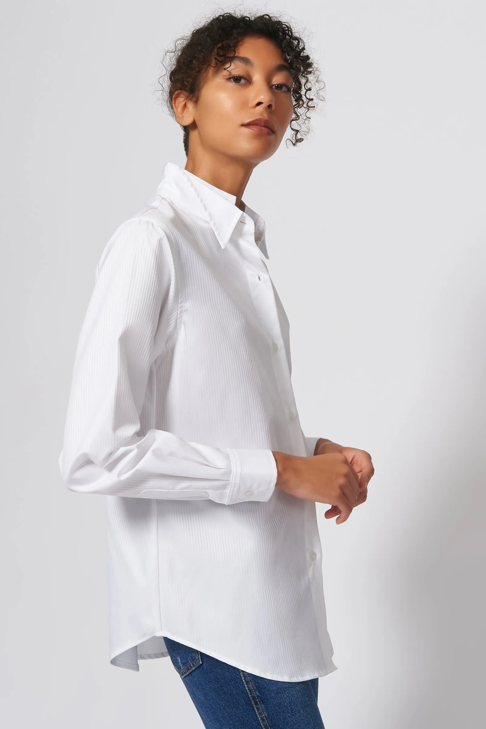 Double Collar Shirt - White Satin Stripe