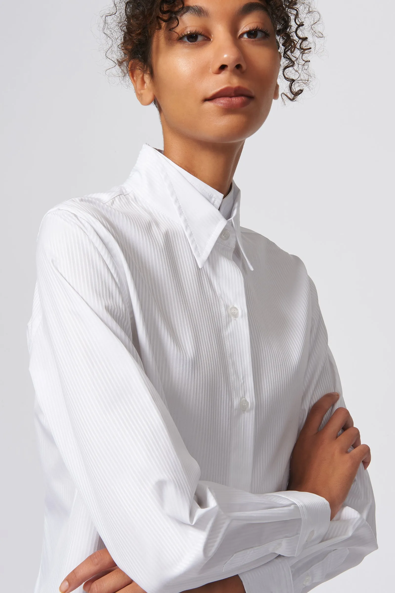 Double Collar Shirt - White Satin Stripe