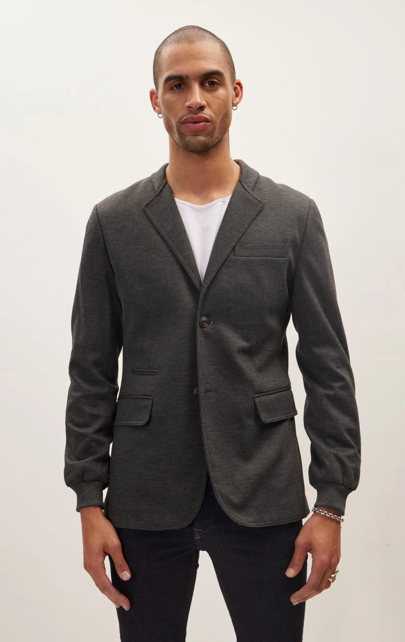 Elastic Cuff And Neck Detail Fitted Blazer - Anthracite