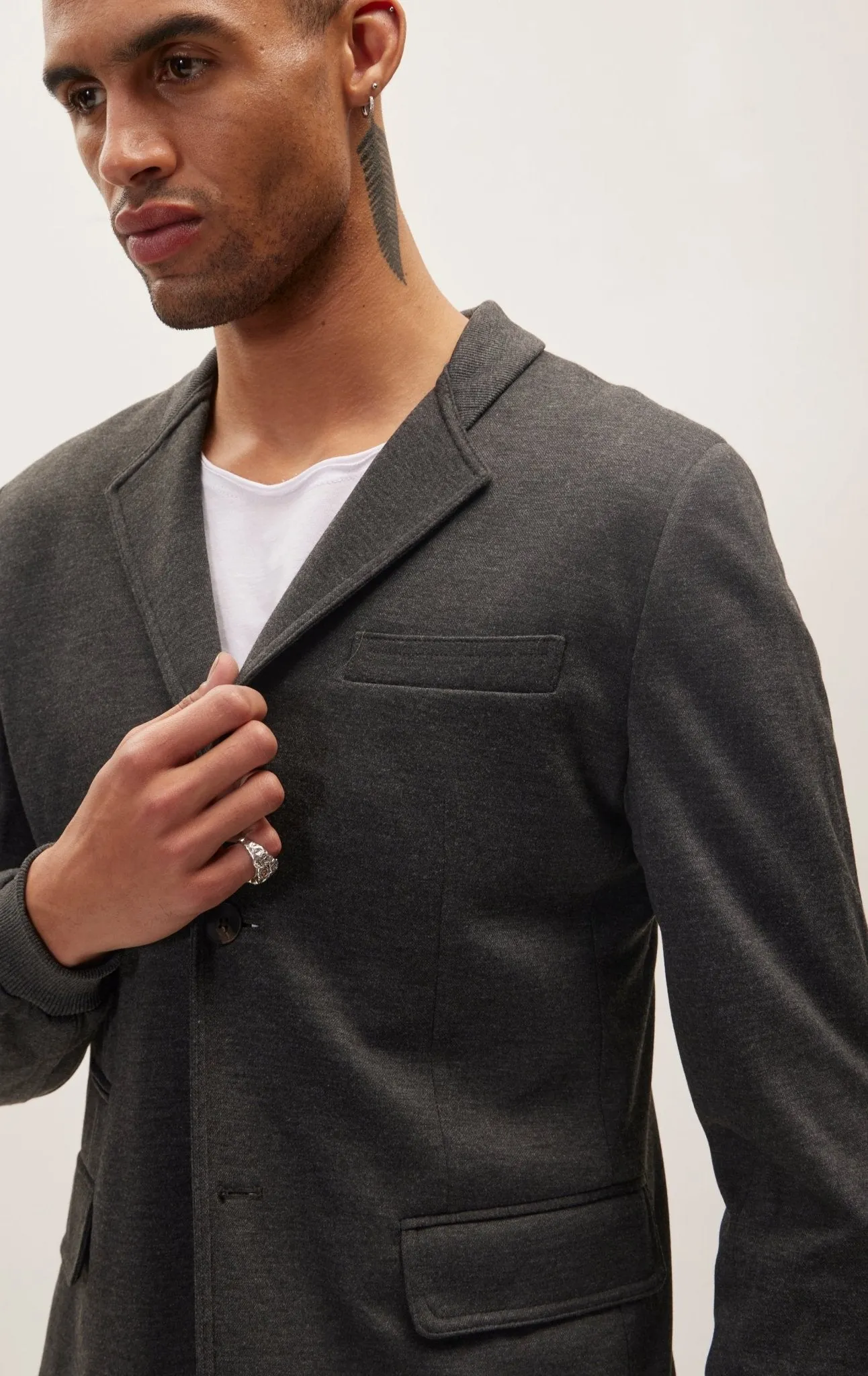 Elastic Cuff And Neck Detail Fitted Blazer - Anthracite