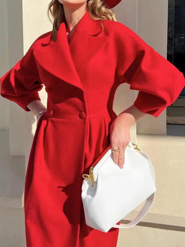 Elegant Women's Long Overcoat with Pleated Waist and Lantern Sleeves - Perfect for Making a Statement