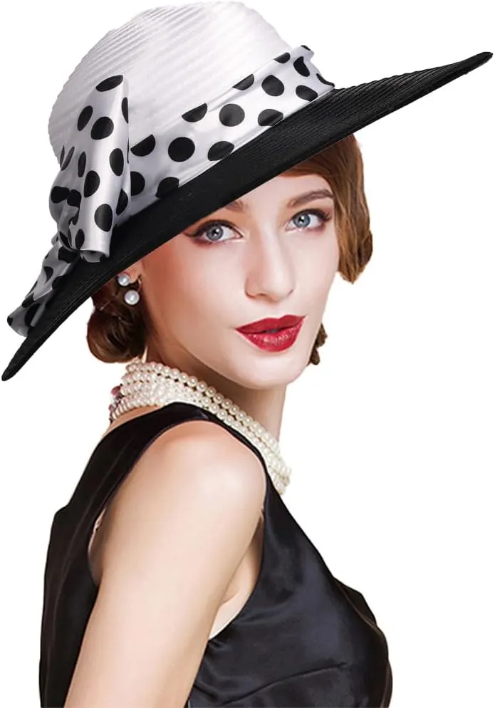F FADVES Women's Dress Hats Wide Brimmed Hat Big Bowknot Church Hats for Women Fedora Fashionable Beach Bowler Cap
