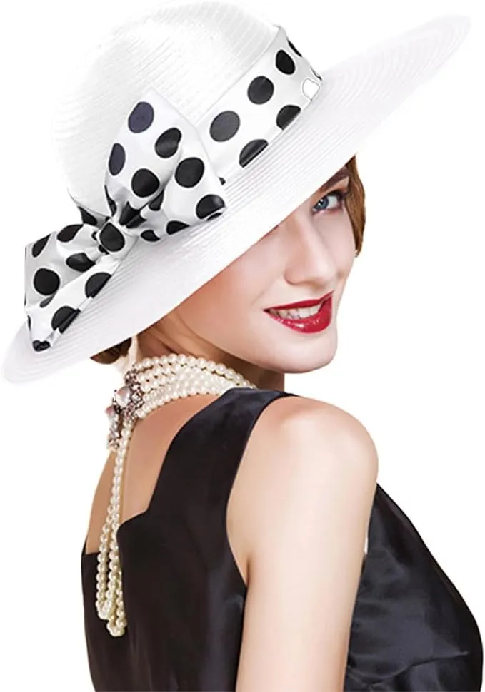 F FADVES Women's Dress Hats Wide Brimmed Hat Big Bowknot Church Hats for Women Fedora Fashionable Beach Bowler Cap