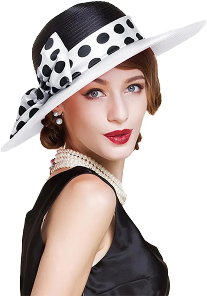F FADVES Women's Dress Hats Wide Brimmed Hat Big Bowknot Church Hats for Women Fedora Fashionable Beach Bowler Cap