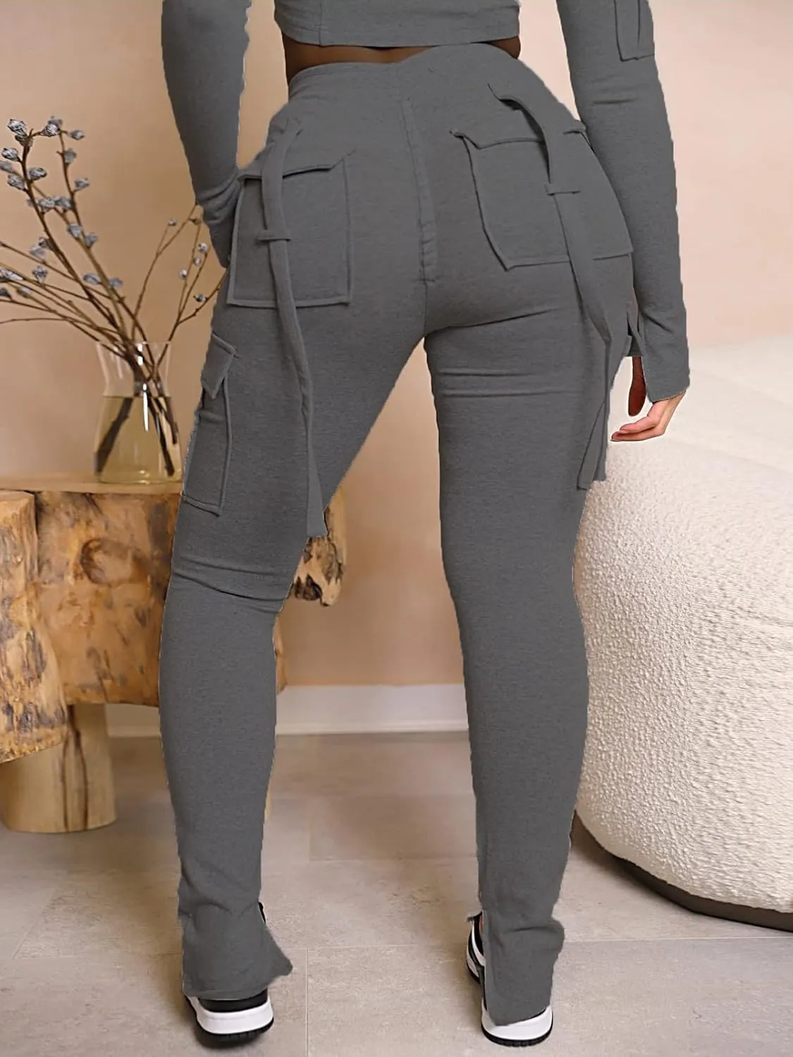 Famnbro Cargo Sweatpants Drawstring High Waisted Stretchy Casual Joggers Leggings Track Sweat Pants