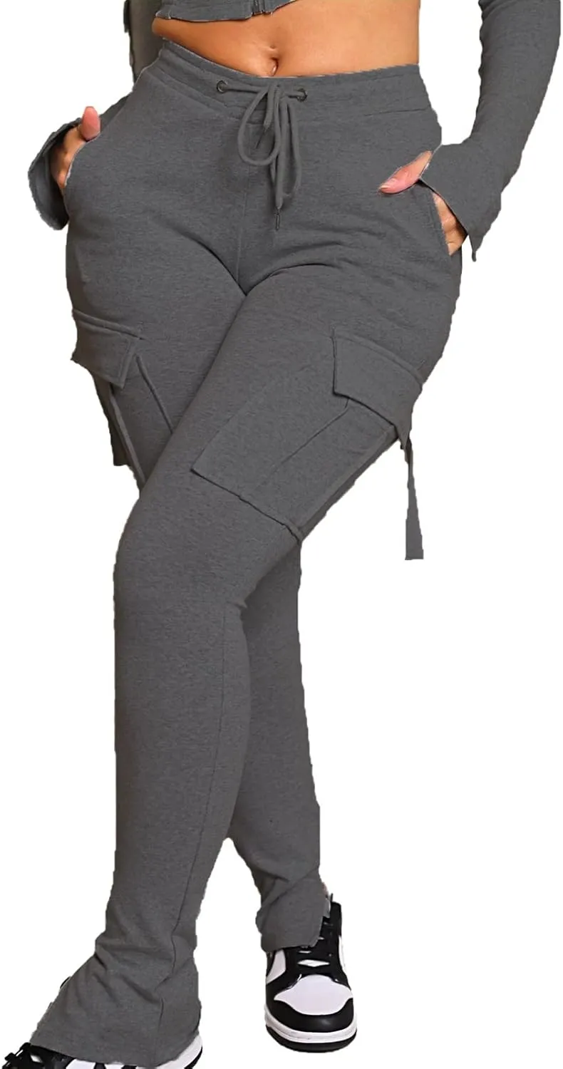 Famnbro Cargo Sweatpants Drawstring High Waisted Stretchy Casual Joggers Leggings Track Sweat Pants