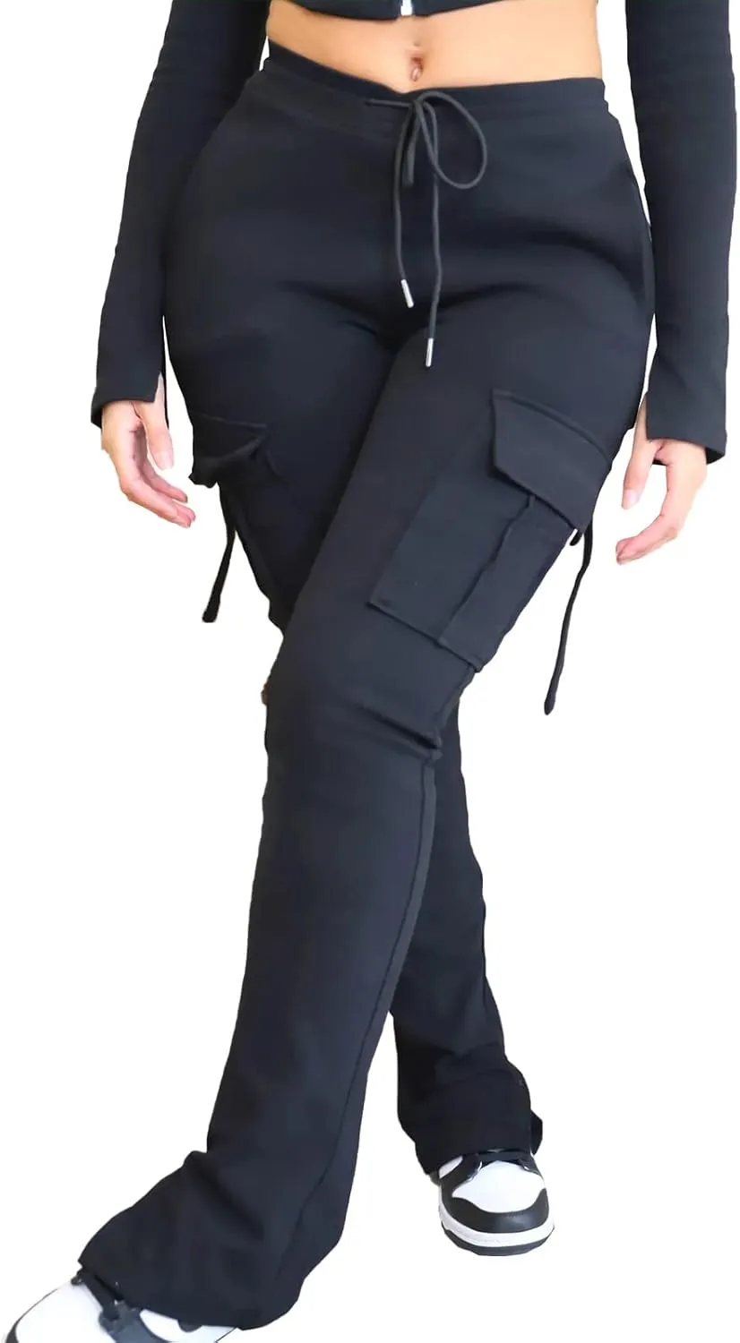 Famnbro Cargo Sweatpants Drawstring High Waisted Stretchy Casual Joggers Leggings Track Sweat Pants