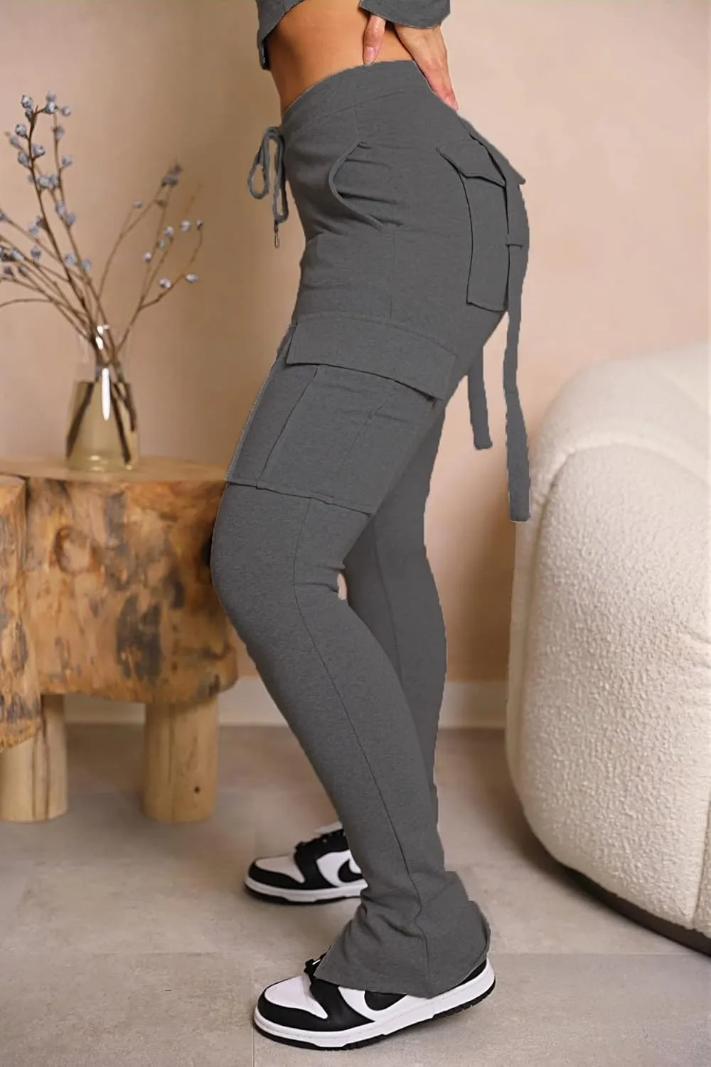 Famnbro Cargo Sweatpants Drawstring High Waisted Stretchy Casual Joggers Leggings Track Sweat Pants