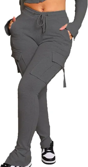 Famnbro Cargo Sweatpants Drawstring High Waisted Stretchy Casual Joggers Leggings Track Sweat Pants