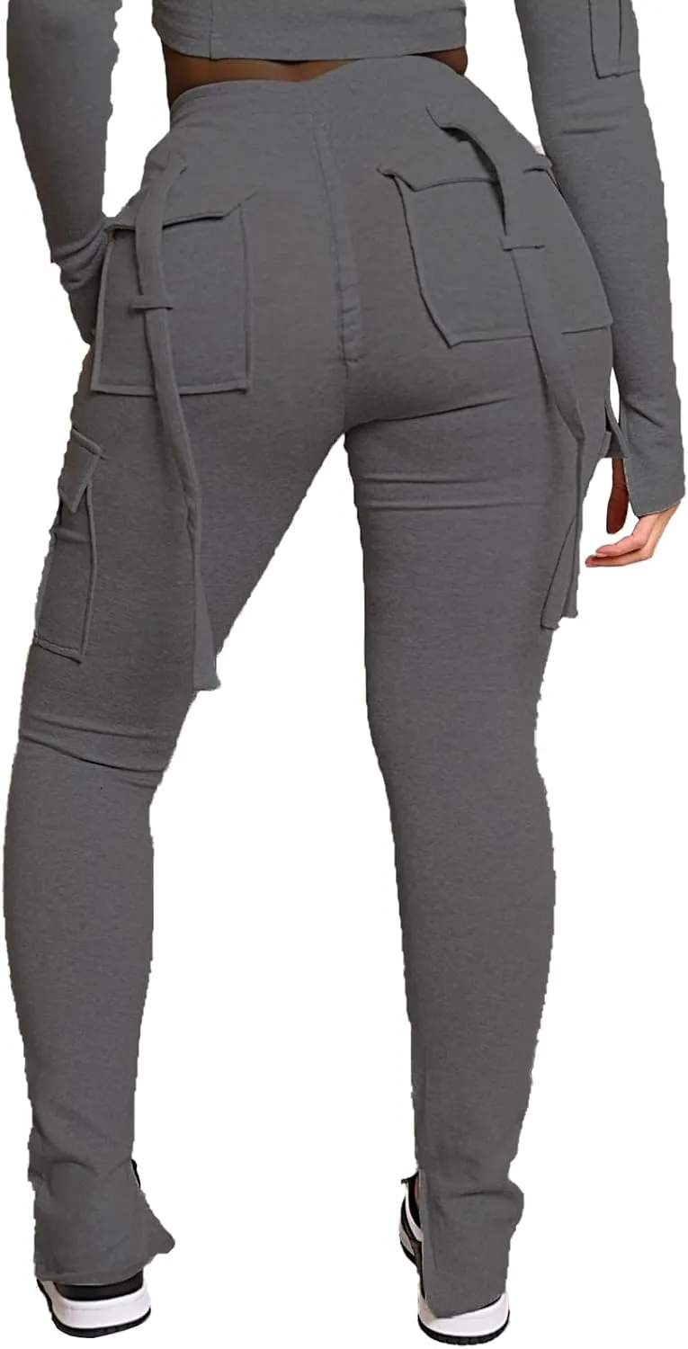 Famnbro Cargo Sweatpants Drawstring High Waisted Stretchy Casual Joggers Leggings Track Sweat Pants