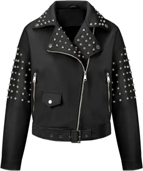 Giolshon Women's Faux Leather Studded Jacket Moto Biker Short Rhinestones Fall PU Long Sleeve Open Front Coat