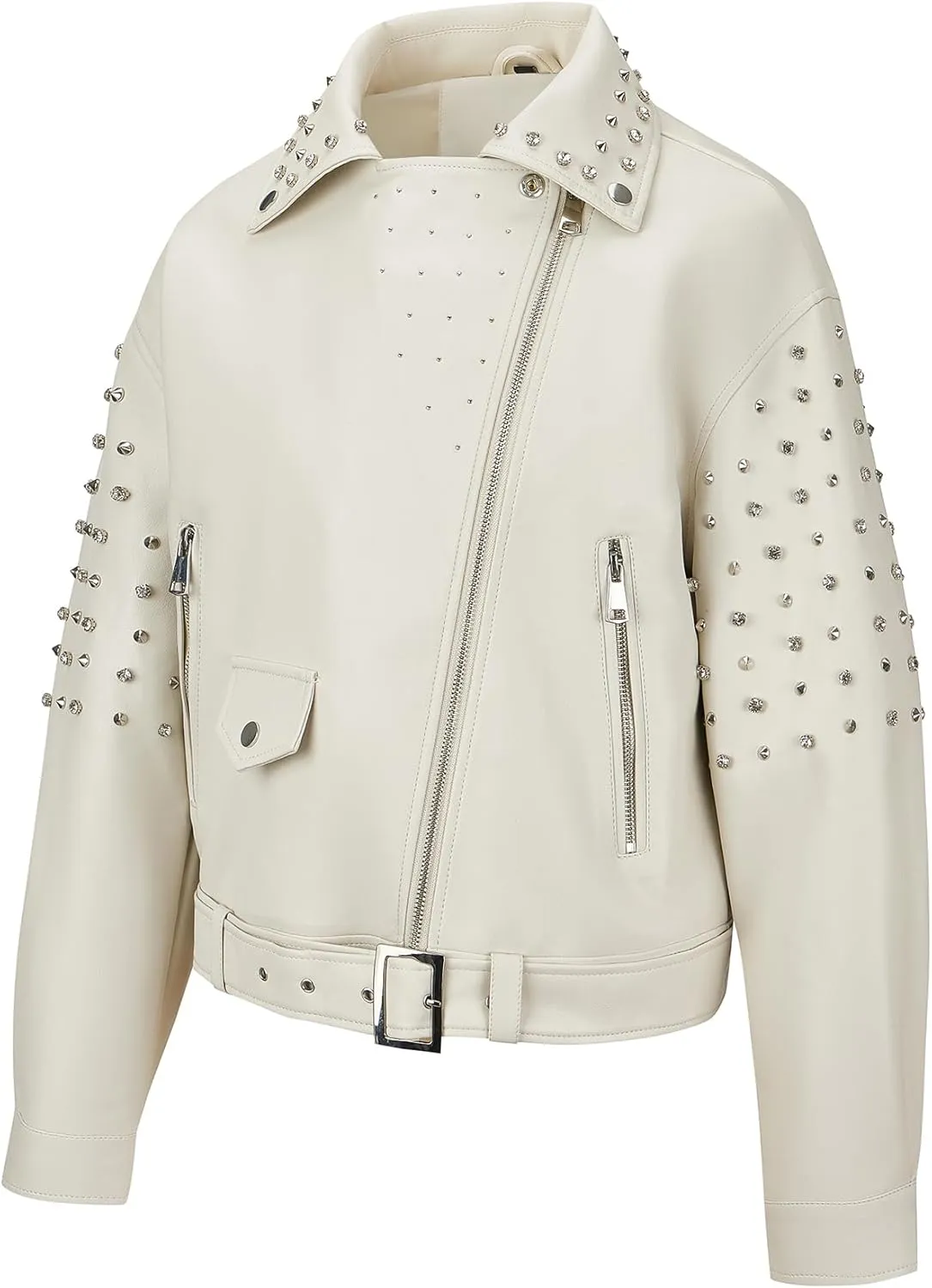 Giolshon Women's Faux Leather Studded Jacket Moto Biker Short Rhinestones Fall PU Long Sleeve Open Front Coat