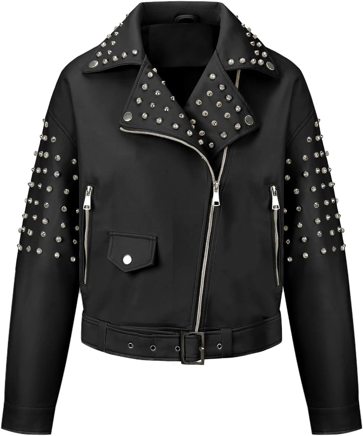 Giolshon Women's Faux Leather Studded Jacket Moto Biker Short Rhinestones Fall PU Long Sleeve Open Front Coat