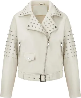 Giolshon Women's Faux Leather Studded Jacket Moto Biker Short Rhinestones Fall PU Long Sleeve Open Front Coat