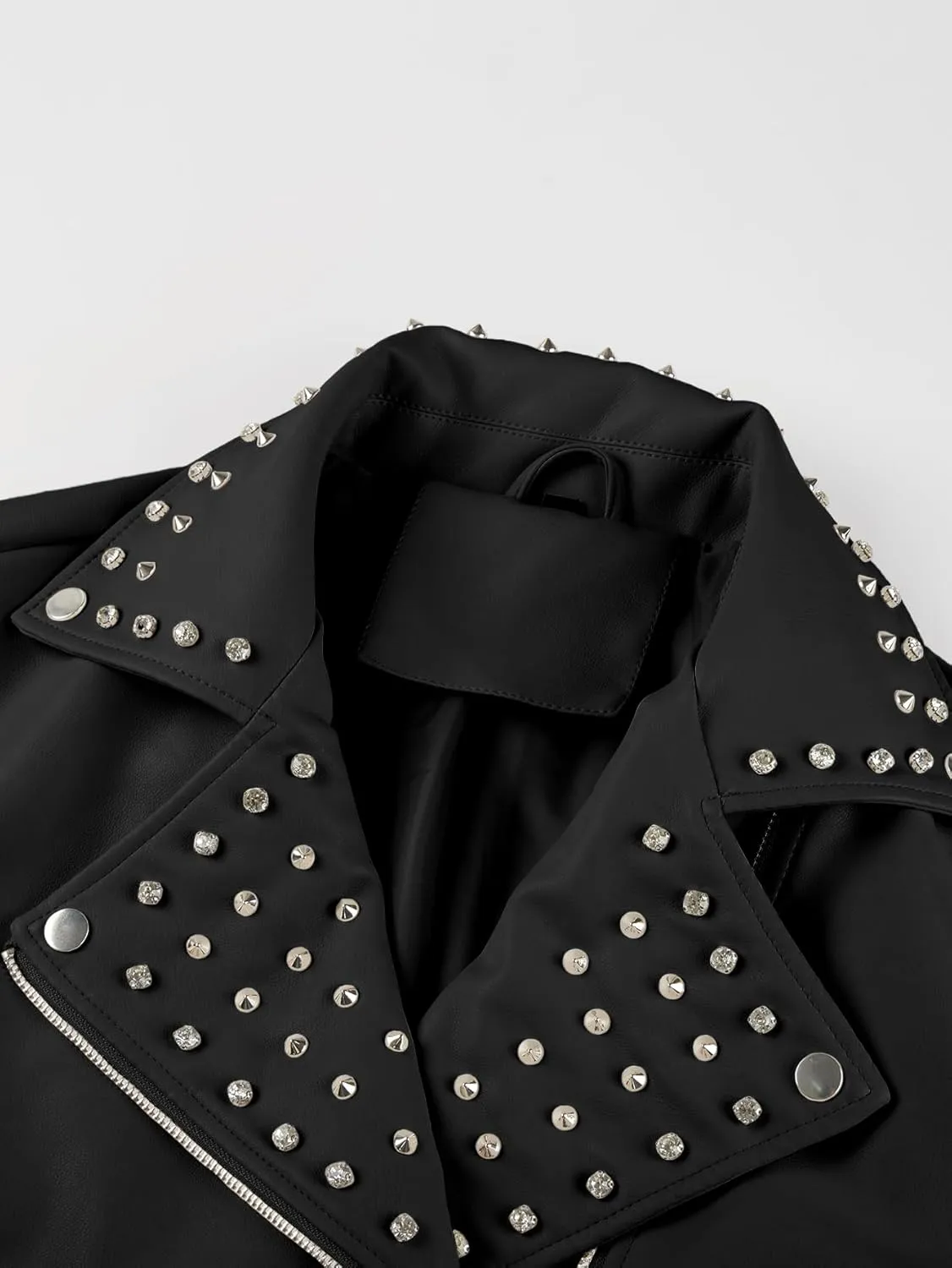 Giolshon Women's Faux Leather Studded Jacket Moto Biker Short Rhinestones Fall PU Long Sleeve Open Front Coat