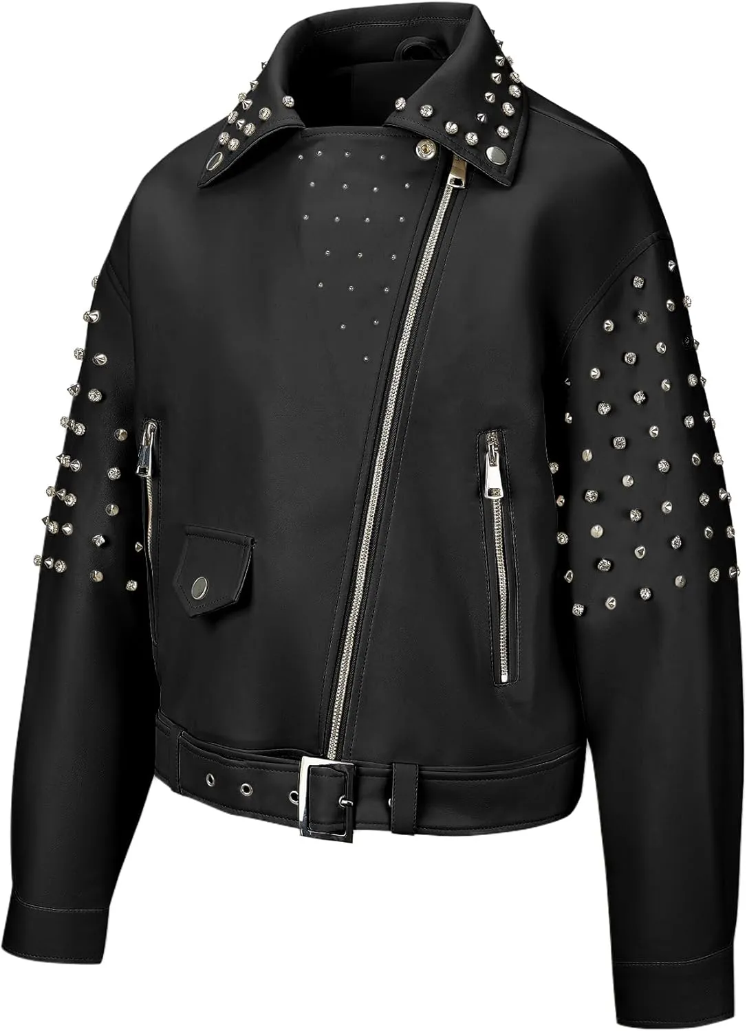 Giolshon Women's Faux Leather Studded Jacket Moto Biker Short Rhinestones Fall PU Long Sleeve Open Front Coat