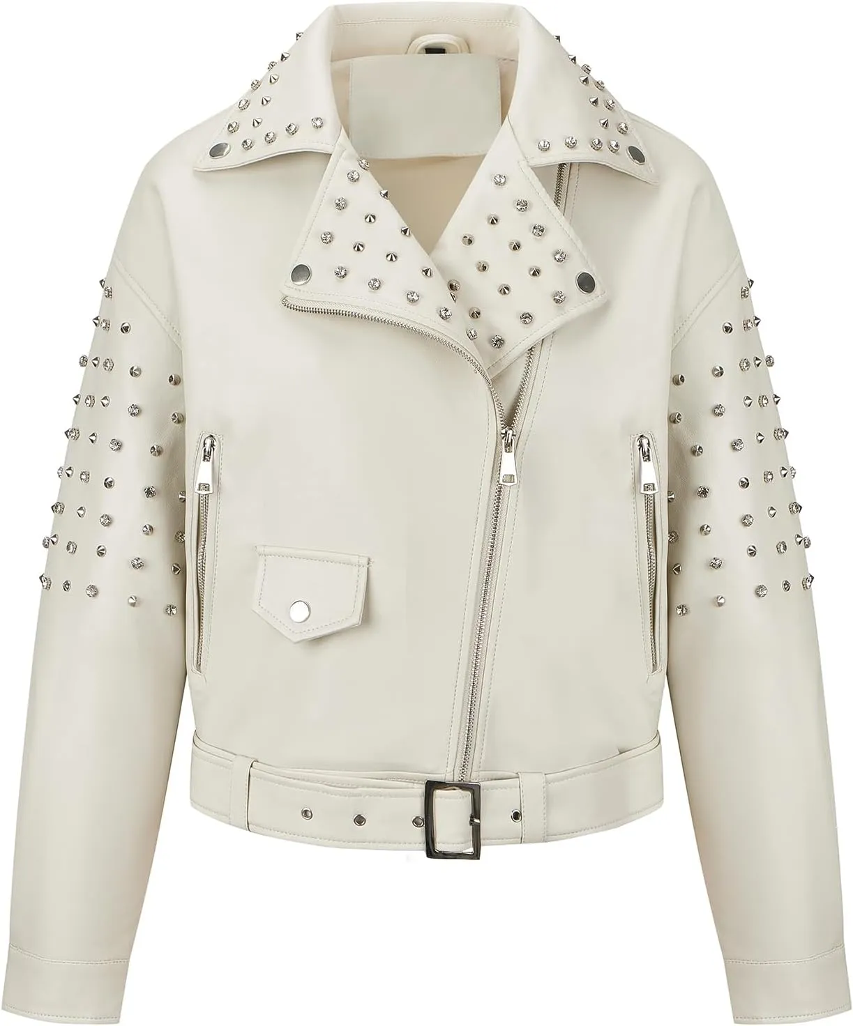 Giolshon Women's Faux Leather Studded Jacket Moto Biker Short Rhinestones Fall PU Long Sleeve Open Front Coat