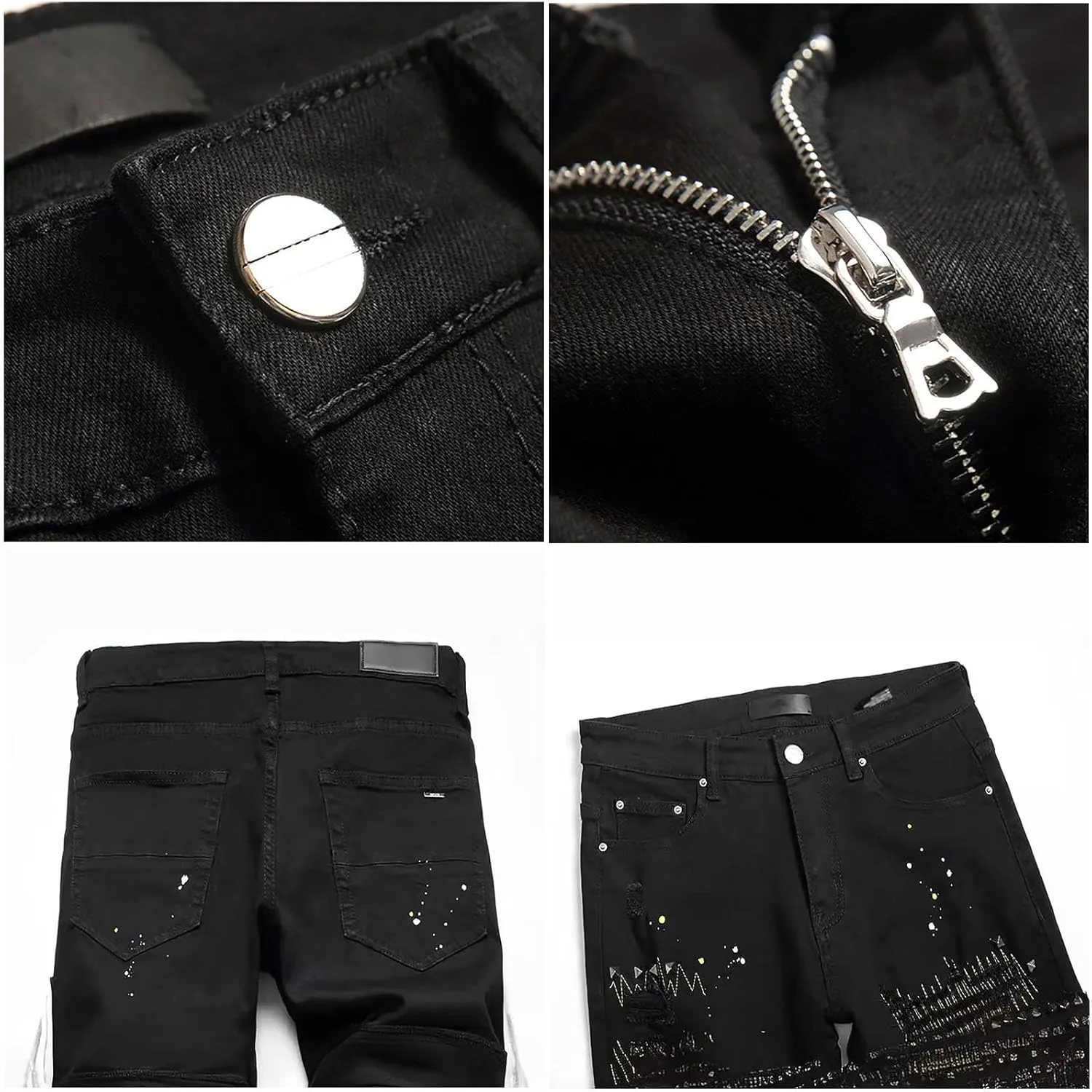 Jeans for Men Slim, Denim Regular Fit Tapered Leg Distressed Destroyed Pants Mens Jeans with Hole, Black Ripped Jeans for Men
