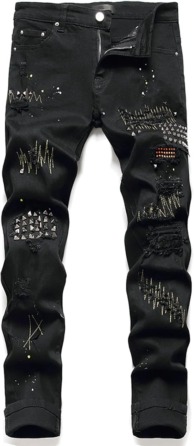 Jeans for Men Slim, Denim Regular Fit Tapered Leg Distressed Destroyed Pants Mens Jeans with Hole, Black Ripped Jeans for Men