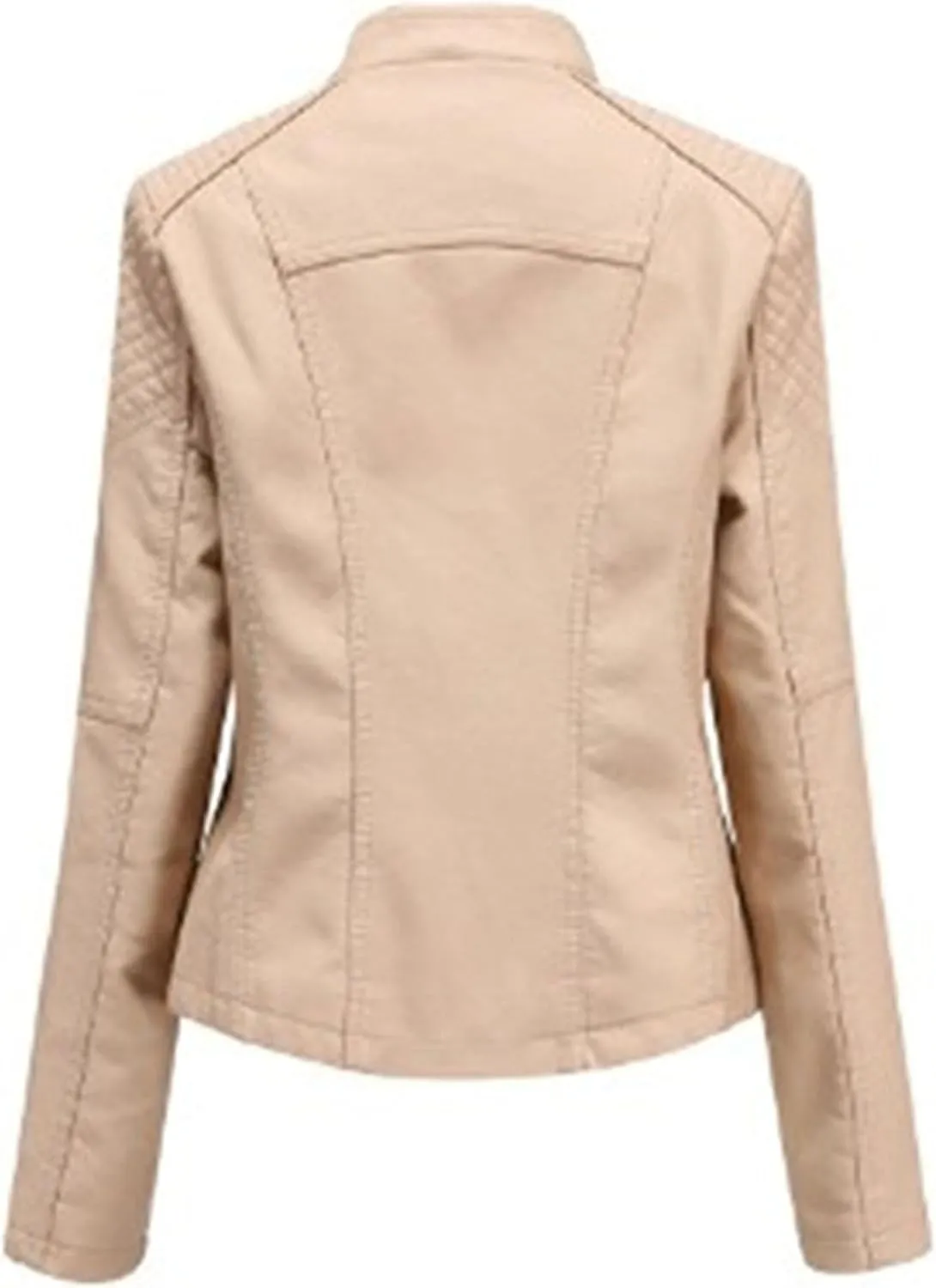 JEKE-DG Women's Stand Collar Open Front Coat Slim Fit Solid Motorcycle Jacket Faux Leather Lightweight Fall Coats