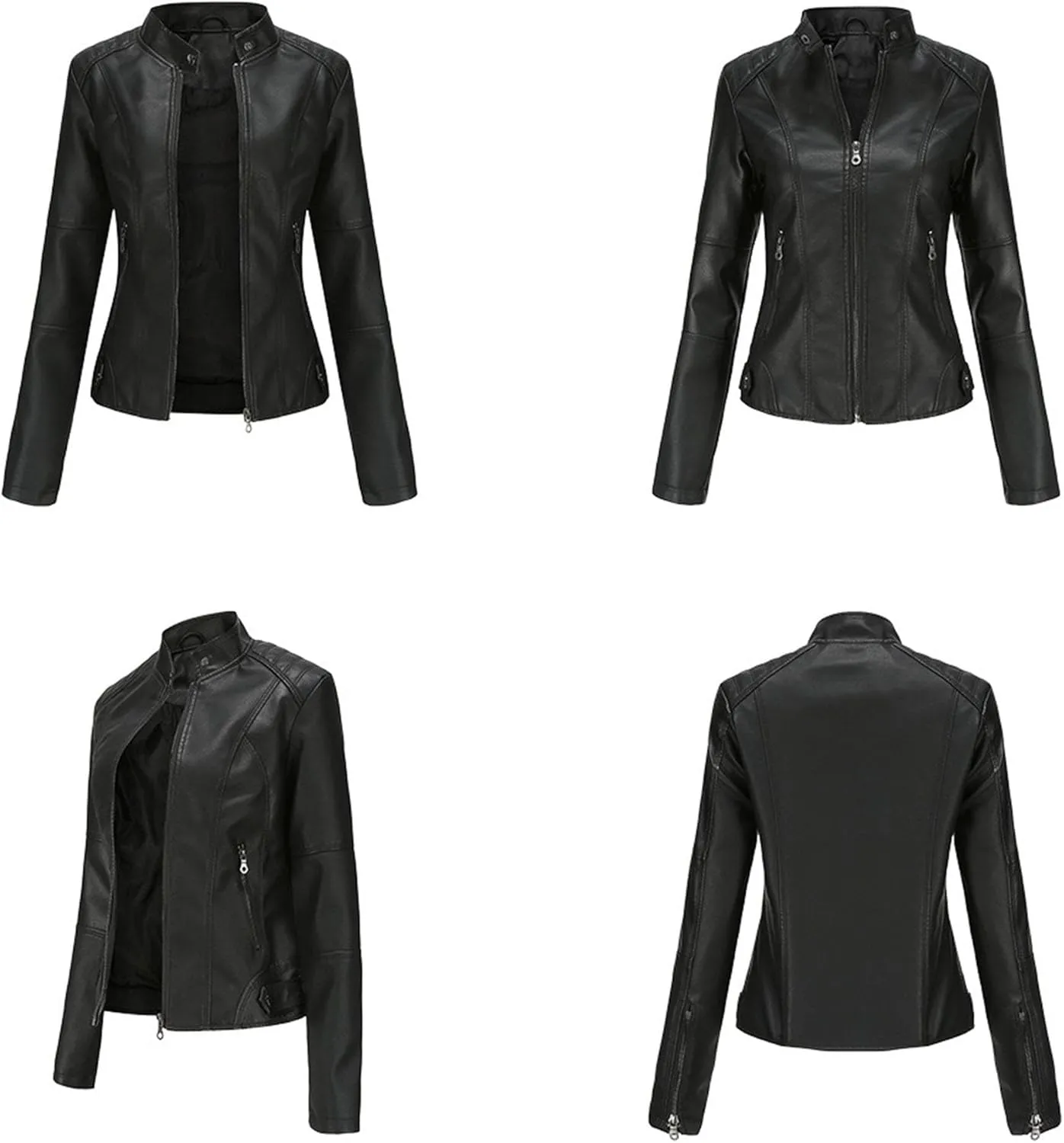JEKE-DG Women's Zip Up Slim Fit Moto Biker Coat Stand Collar Faux Leather Coat Jacket Fashion Casual PU Coats