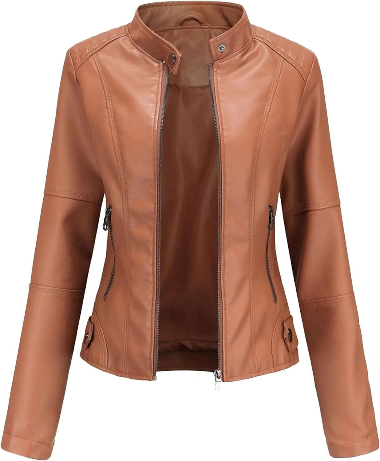 JEKE-DG Women's Zip Up Slim Fit Moto Biker Coat Stand Collar Faux Leather Coat Jacket Fashion Casual PU Coats