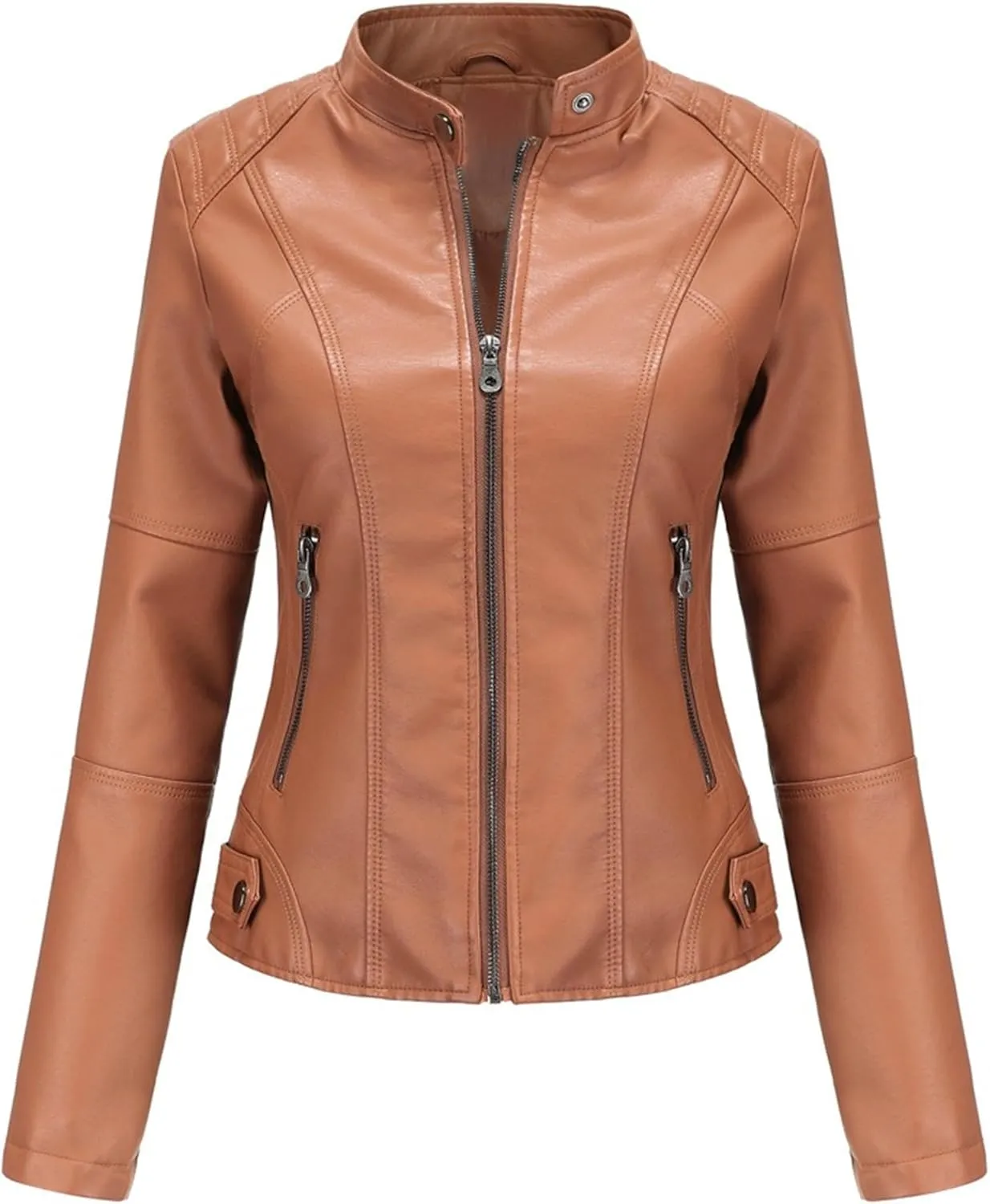 JEKE-DG Women's Zip Up Slim Fit Moto Biker Coat Stand Collar Faux Leather Coat Jacket Fashion Casual PU Coats