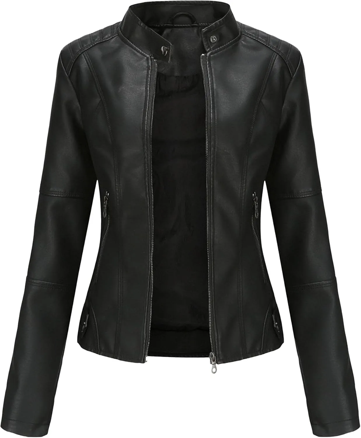 JEKE-DG Women's Zip Up Slim Fit Moto Biker Coat Stand Collar Faux Leather Coat Jacket Fashion Casual PU Coats