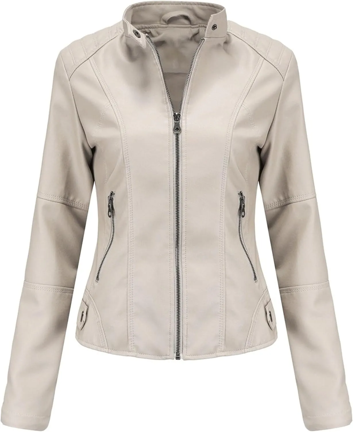 JEKE-DG Women's Zip Up Slim Fit Moto Biker Coat Stand Collar Faux Leather Coat Jacket Fashion Casual PU Coats