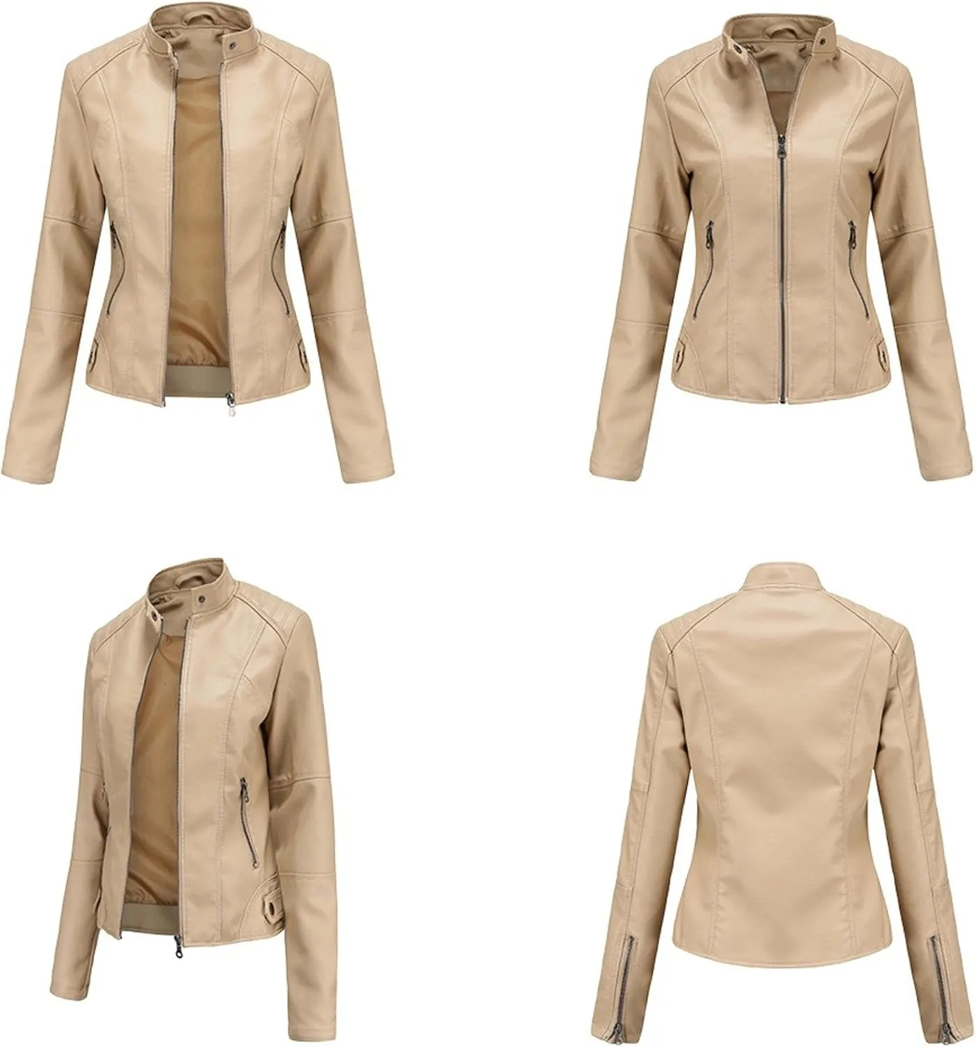 JEKE-DG Women's Zip Up Slim Fit Moto Biker Coat Stand Collar Faux Leather Coat Jacket Fashion Casual PU Coats