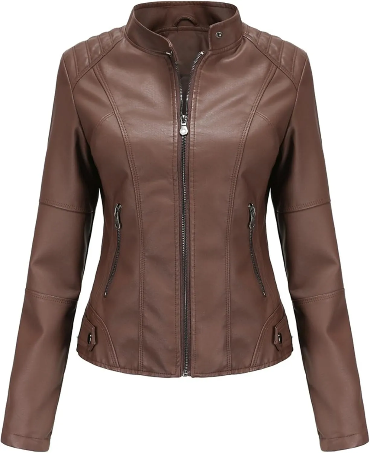 JEKE-DG Women's Zip Up Slim Fit Moto Biker Coat Stand Collar Faux Leather Coat Jacket Fashion Casual PU Coats